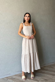 Bej Desenli Kolu Fırfırlı Bağlamalı Elbise SY-2347-Bej