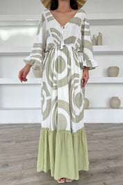 Yeşil Desenli Düşük Omuz Maxi Boy Elbise SY-2166-Yeşil