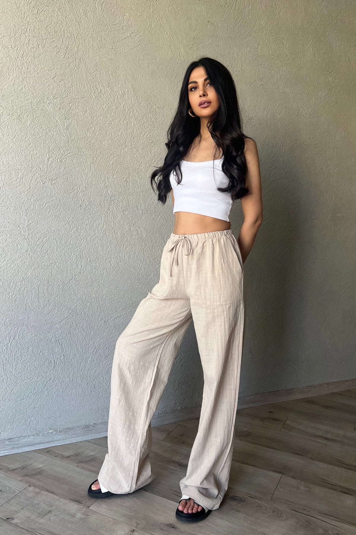 Bej Yama Cep Detaylı Bol Paça Keten Pantolon SY-2041-Bej