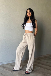 Bej Yama Cep Detaylı Bol Paça Keten Pantolon SY-2041-Bej
