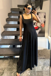 Siyah Kare Yaka Sandy Maxi Elbise SY-3709-Siyah