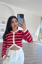 Kırmızı Düğmeli Asimetrik Çizgili Crop Hırka SY-1039-Kırmızı