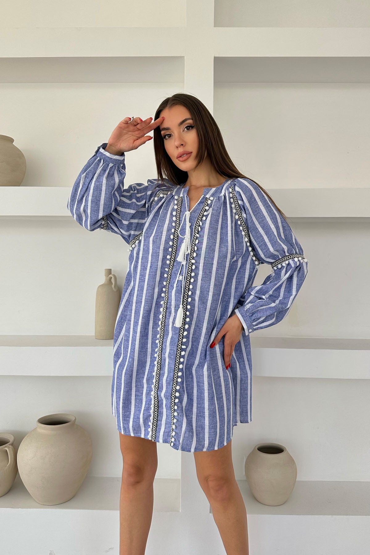 Mavi Püsküllü Çizgili Keten Elbise SY-0485-Mavi