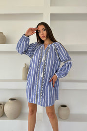 Mavi Püsküllü Çizgili Keten Elbise SY-0485-Mavi