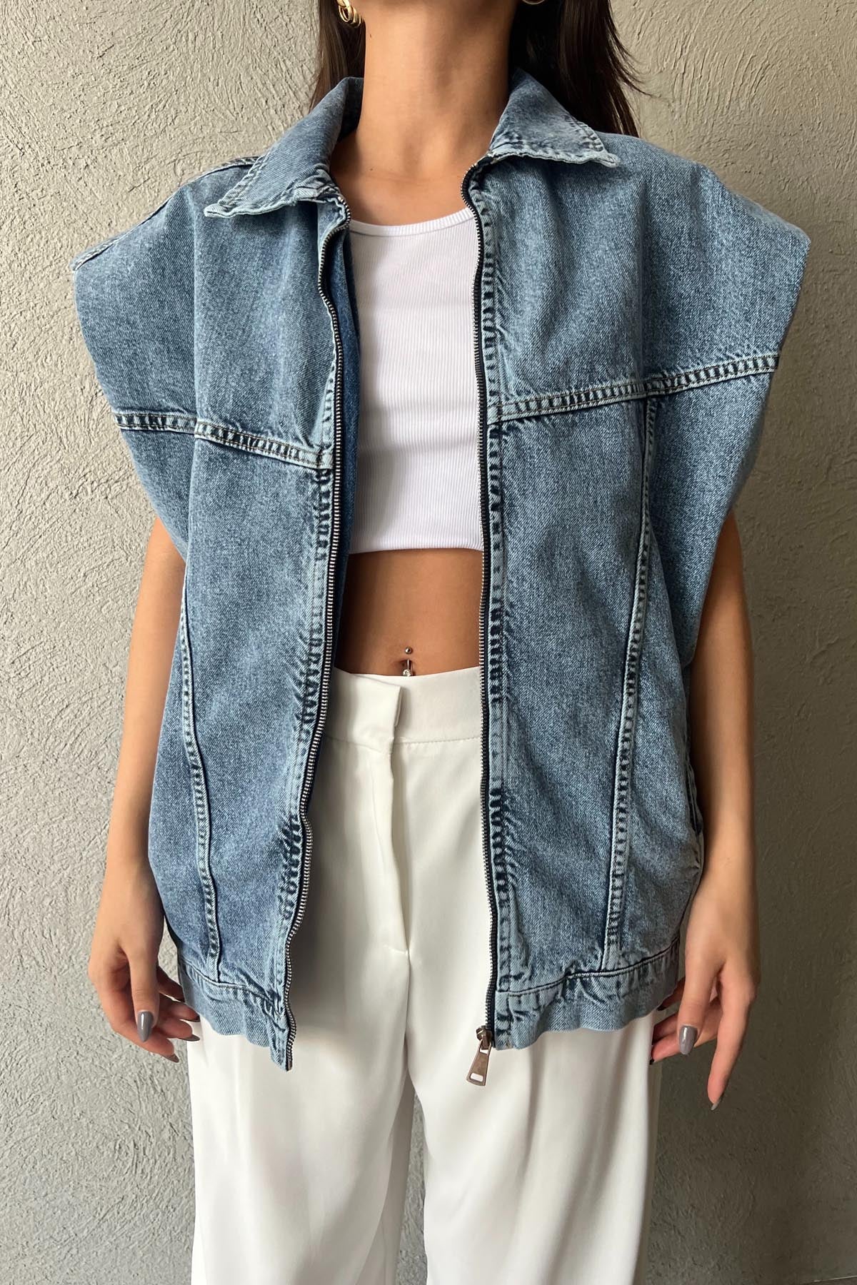 Açık Mavi Vatka Detaylı Önü Fermuarlı Denim Yelek SY-1733-Açık Mavi