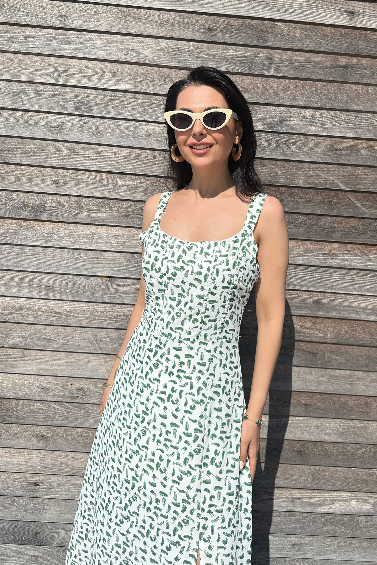 Kadın Askılı Yeşil Çiçek Desenli Midi Elbise SY-3159-Yeşil