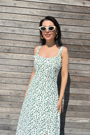 Kadın Askılı Yeşil Çiçek Desenli Midi Elbise SY-3159-Yeşil