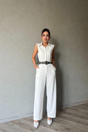 Ekru Kemer Detaylı Tulum SY-1974-Ekru