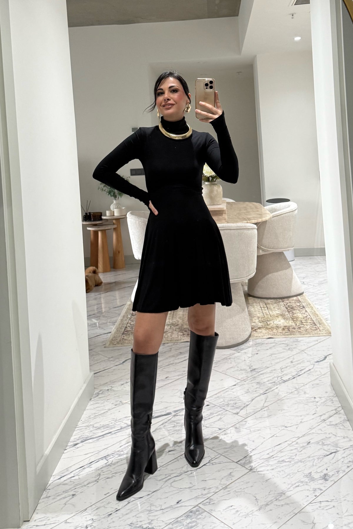 Uzun Kollu Eteği Volanlı Siyah Mini Elbise SY-3543-Siyah