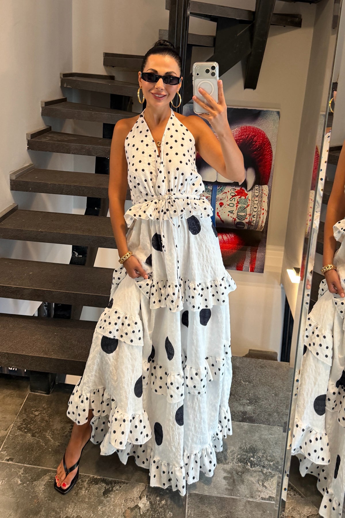 Puantiyeli Beyaz Kat Kat Maxi Elbise SY-3814