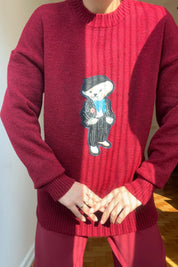 Bordo Teddy Bear Nakışlı Triko Kazak SY-2839-Bordo