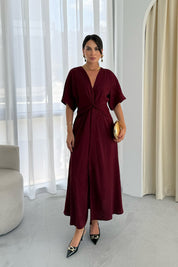 Bordo Düğümlü Kısa Kol Detaylı Desenli Elbise SY-3335-Bordo