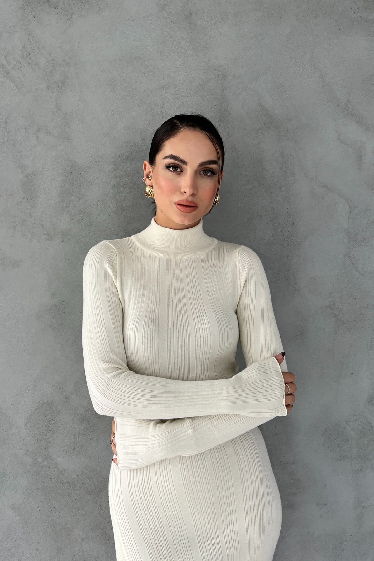 Krem Fitilli Yarım Balıkçı Yaka Triko Elbise SY-2626-Krem