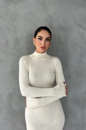 Krem Fitilli Yarım Balıkçı Yaka Triko Elbise SY-2626-Krem