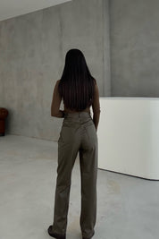 Haki Deri Düz Kesim Pantolon SY-3453-Haki