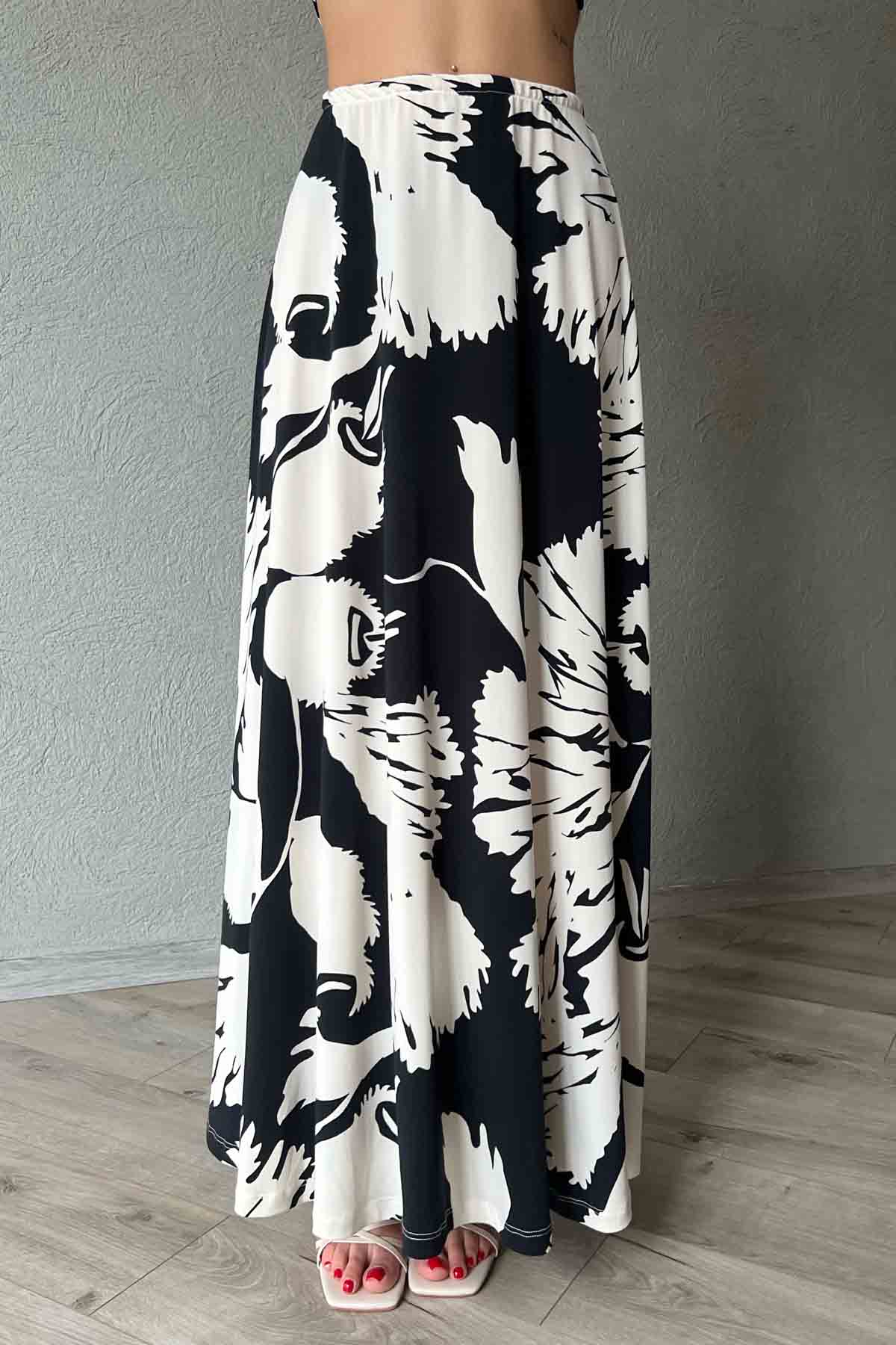 Bej Siyah Desenli Beli Lastikli Maxi Etek Bluz Takım SY-1833-Bej