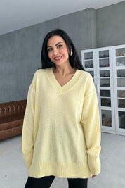 Sarı V Yaka Oversize Pinterest Triko Kazak SY-3348-Sarı