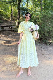 Sarı Venil Balon Kol Kemerli Kloş Elbise SY-2946-Sarı