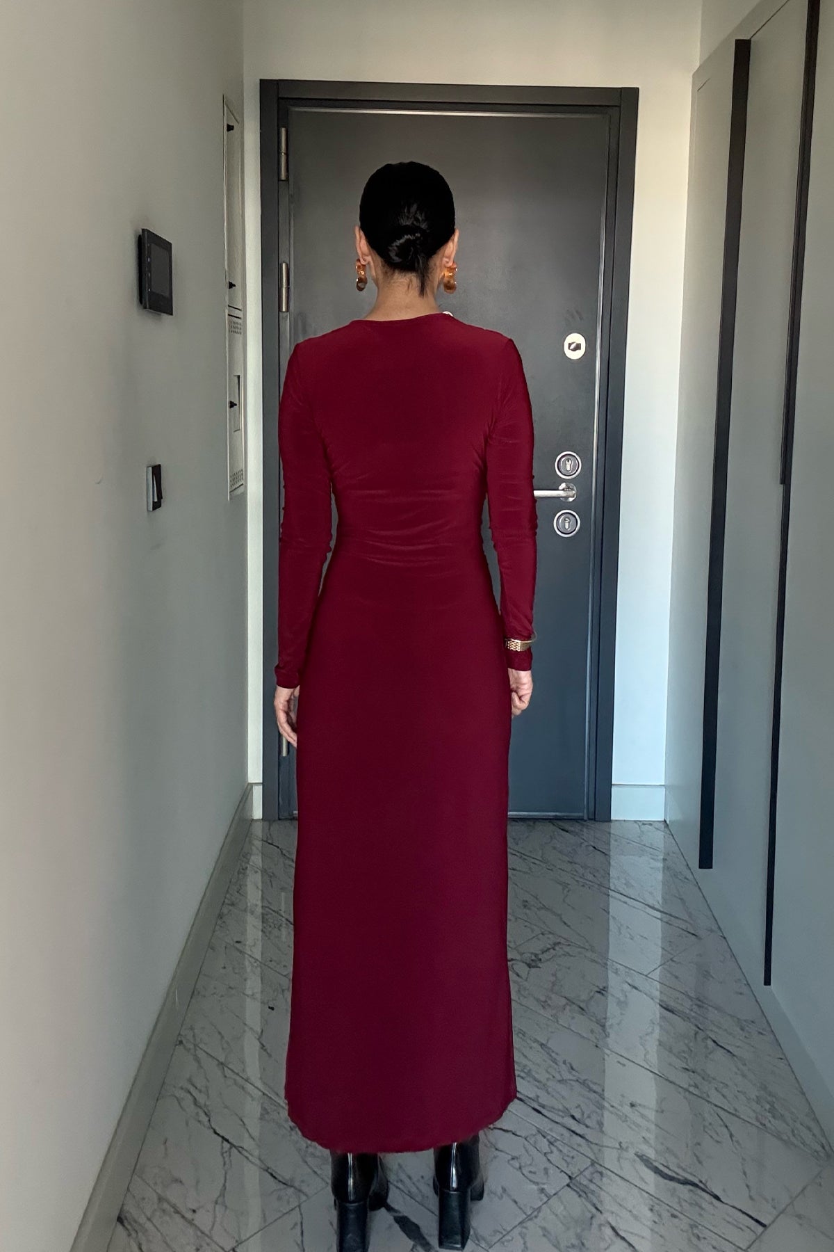 Kruvaze Yaka Uzun Kol Tokalı Bordo Elbise SY-3520-Bordo