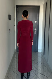 Kruvaze Yaka Uzun Kol Tokalı Bordo Elbise SY-3520-Bordo