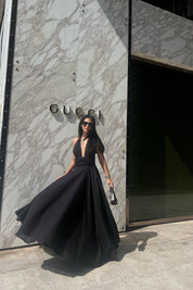 Siyah Puglia Tasarım Sırt Detaylı Keten Elbise SY-2263-Siyah