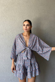 Mavi Bağlamalı Eteği Fırfırlı Şort Bluz Takım SY-2359-Mavi