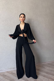 Siyah Bel Lastikli Derin Yırtmaçlı Pantolon SY-0458- Siyah