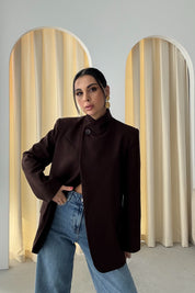 Kahverengi Tek Düğmeli Dik Yaka Detaylı Tasarım Ceket SY-3482-Kahverengi