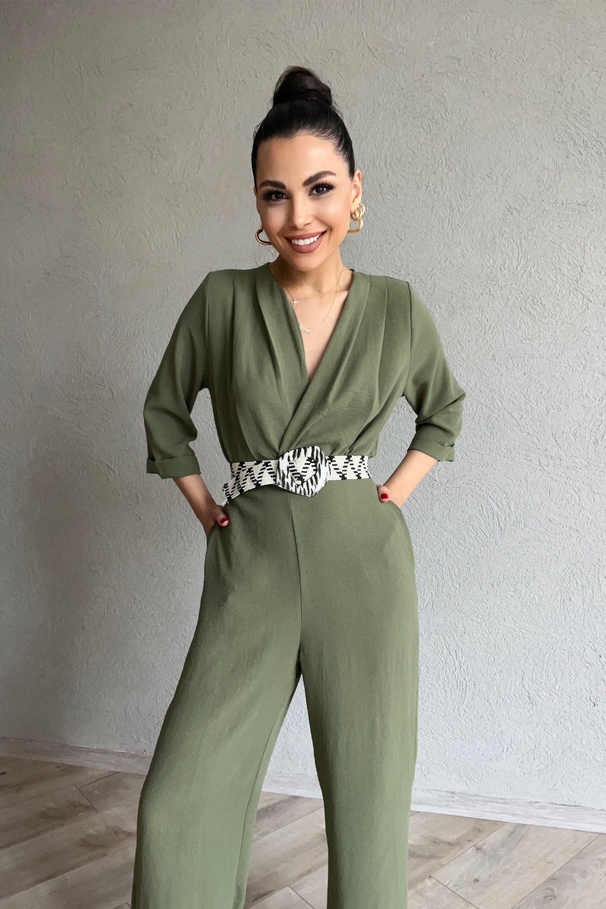 Haki Kemeri Desenli  Kruvaze Yaka Tulum SY-0454-Haki