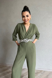 Haki Kemeri Desenli  Kruvaze Yaka Tulum SY-0454-Haki