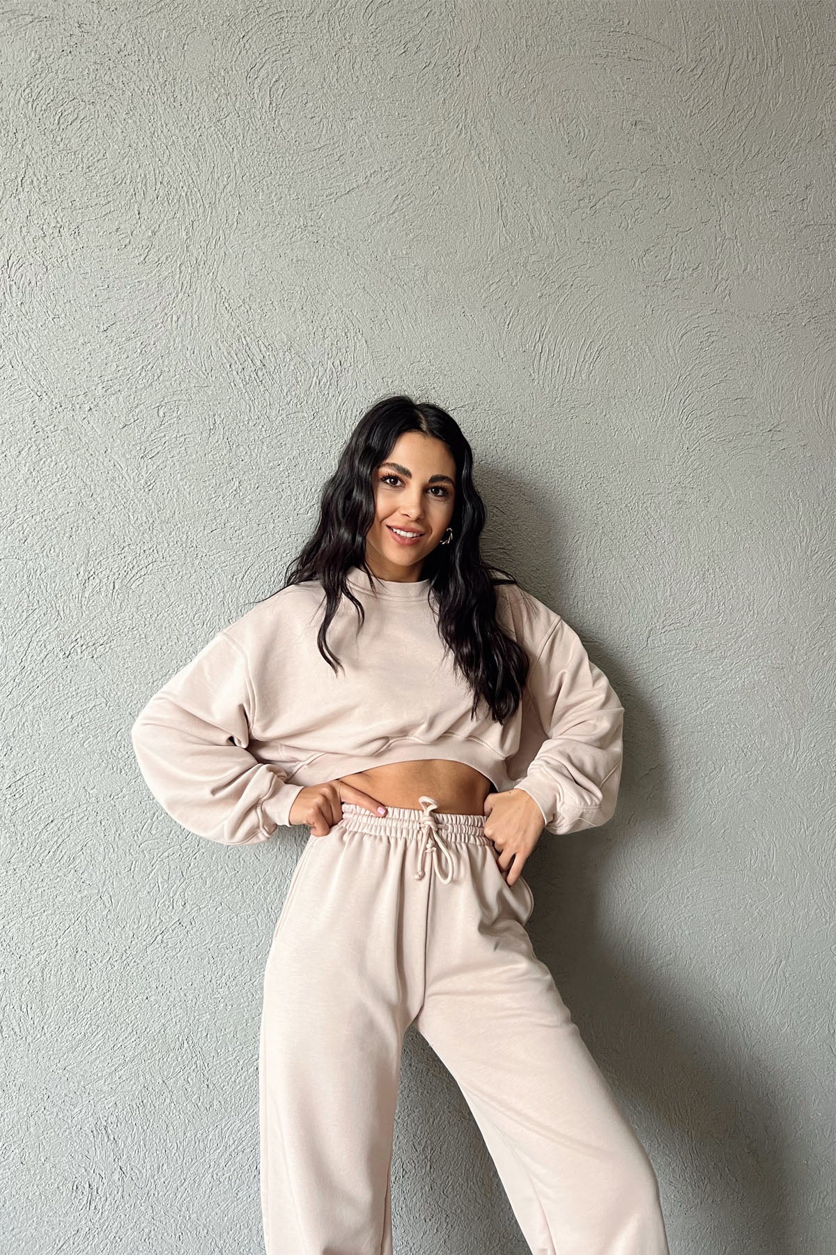 Bej Uzun Kollu Crop Eşofman Takımı SY-1154-Bej