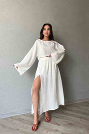 Bej Geniş Kol Detaylı Eteği Yırtmaçlı Müslin Takım SY-1905-Bej