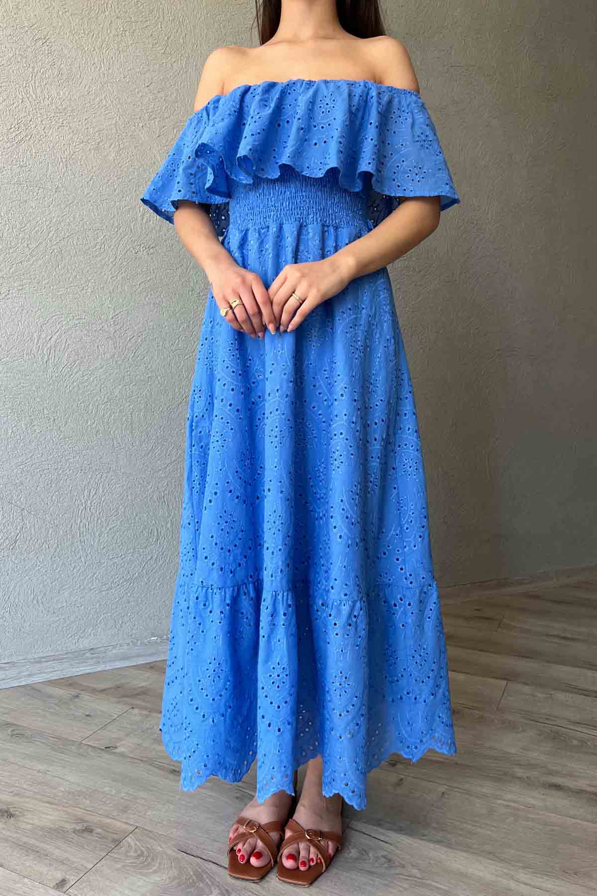 Mavi Madonna Yaka Kemer Detaylı Fisto Elbise SY-1964-Mavi