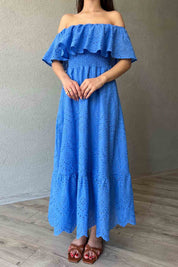 Mavi Madonna Yaka Kemer Detaylı Fisto Elbise SY-1964-Mavi