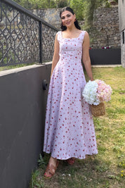 Lila Mini Çiçekli Kare Yaka Elbise SY-3722-Lila