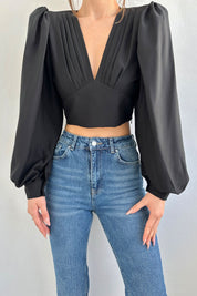 Siyah V Yaka Uzun Balon Kol Crop Bluz SY-0171-Siyah