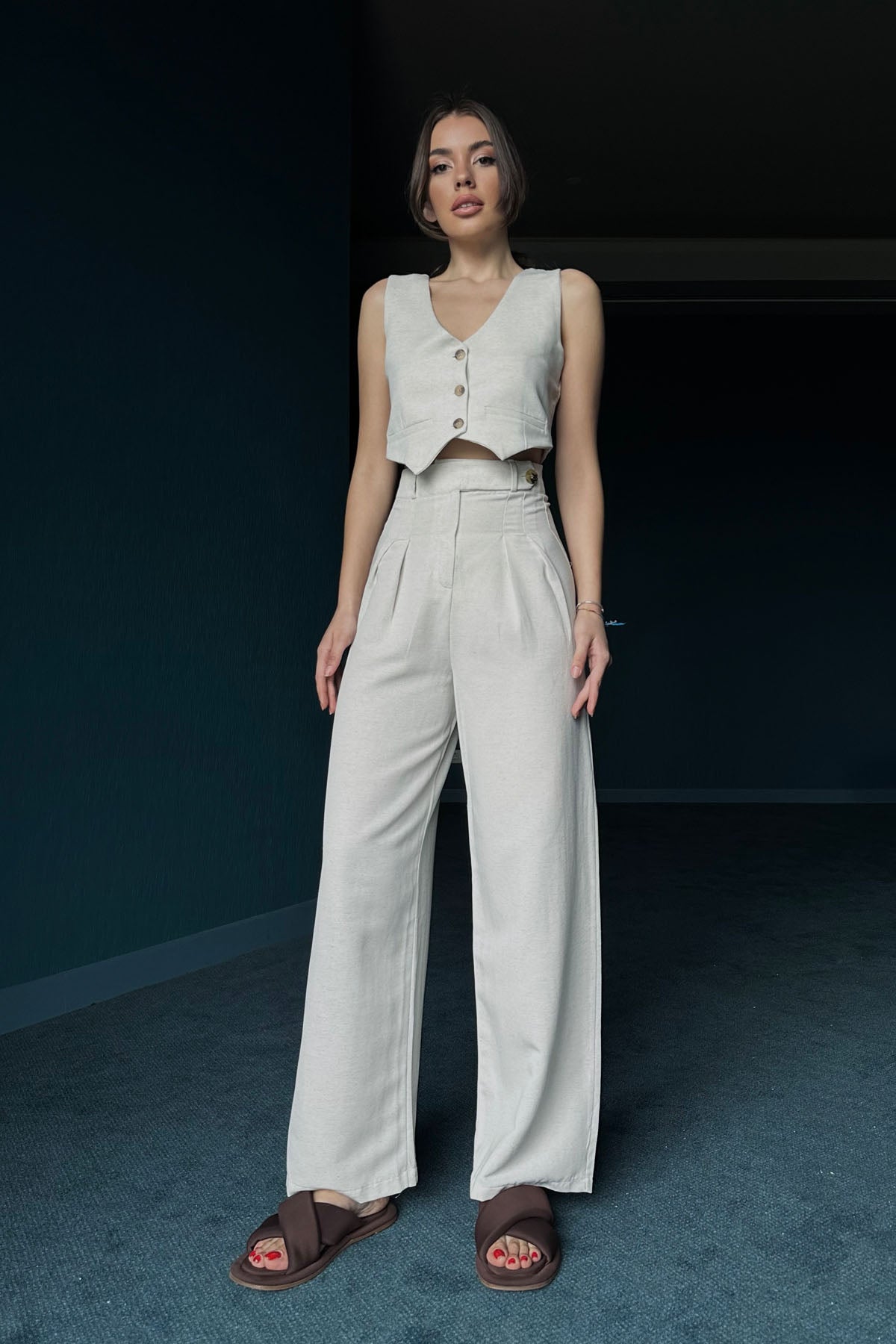 Bej Keten Yelek Pantolon Takım SY-0309-Bej