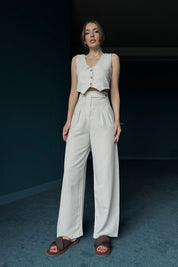 Bej Keten Yelek Pantolon Takım SY-0309-Bej