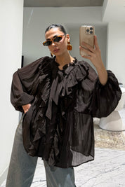 Fırfırlı Kahverengi Tül Bluz SY-3533-Kahverengi