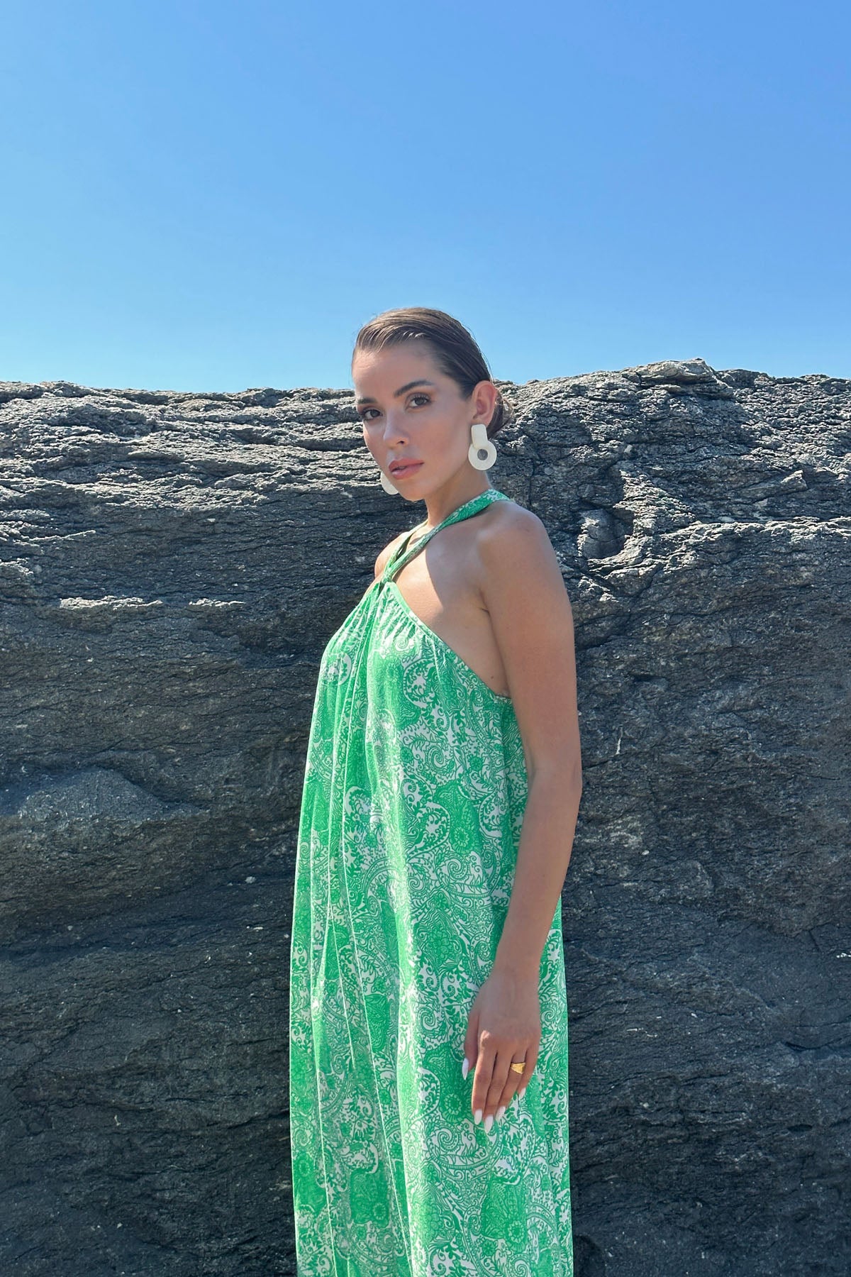 Yeşil Çapraz Yaka Salaş Midi Elbise SY-0782-Yeşil