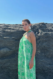 Yeşil Çapraz Yaka Salaş Midi Elbise SY-0782-Yeşil