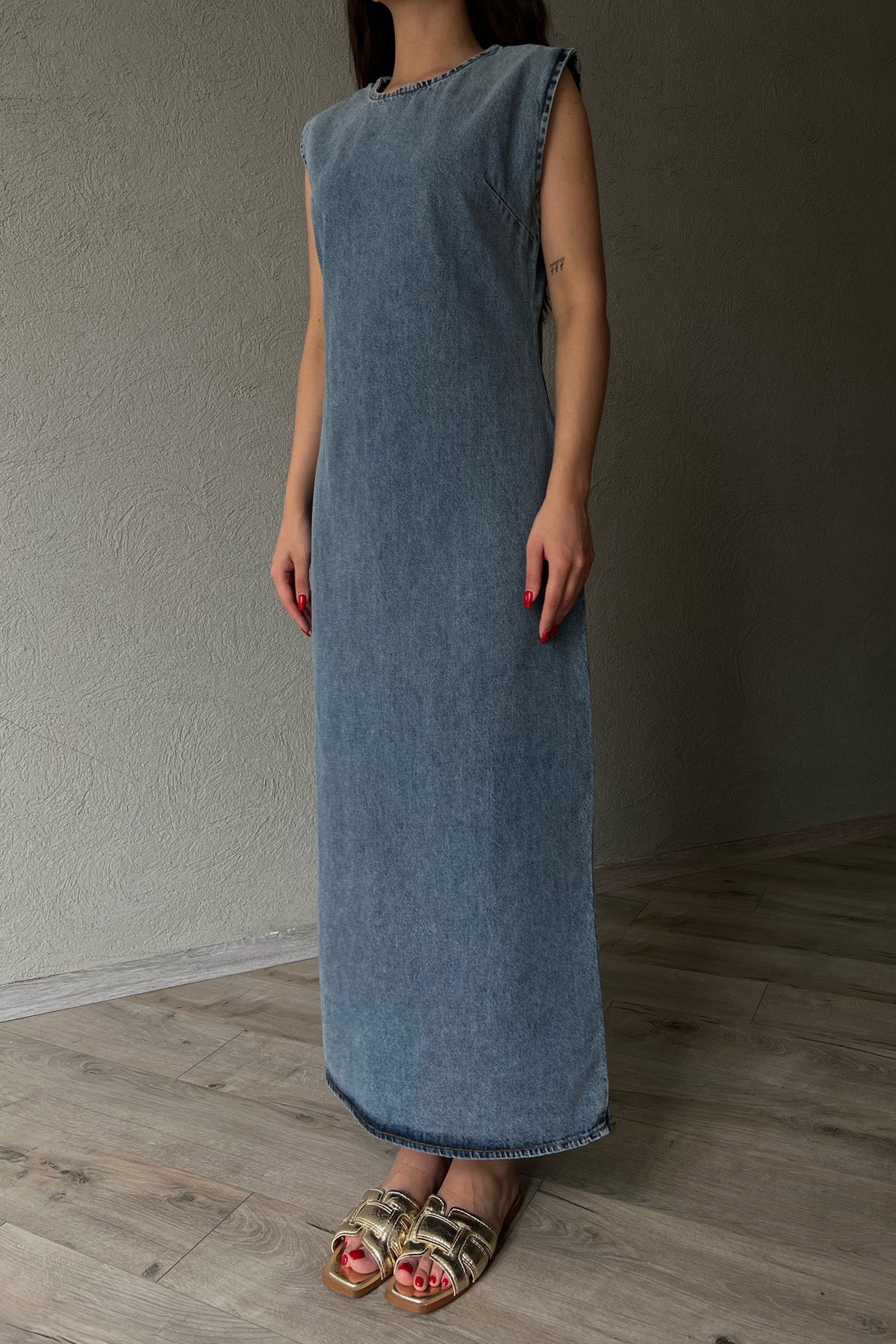 Mavi Kar Yıkamalı Sıfır Kol Denim Elbise SY-2127-Mavi