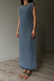 Mavi Kar Yıkamalı Sıfır Kol Denim Elbise SY-2127-Mavi