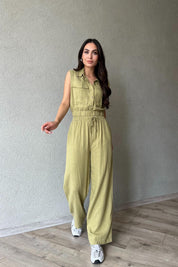 Haki Sıfır Kol Cep Detaylı Crop Pantolon Takım SY-1788-Haki