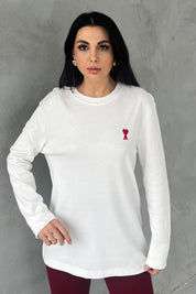 Beyaz Marka Model Kalp Nakışlı Uzun Kollu T-shirt SY-2822-Beyaz