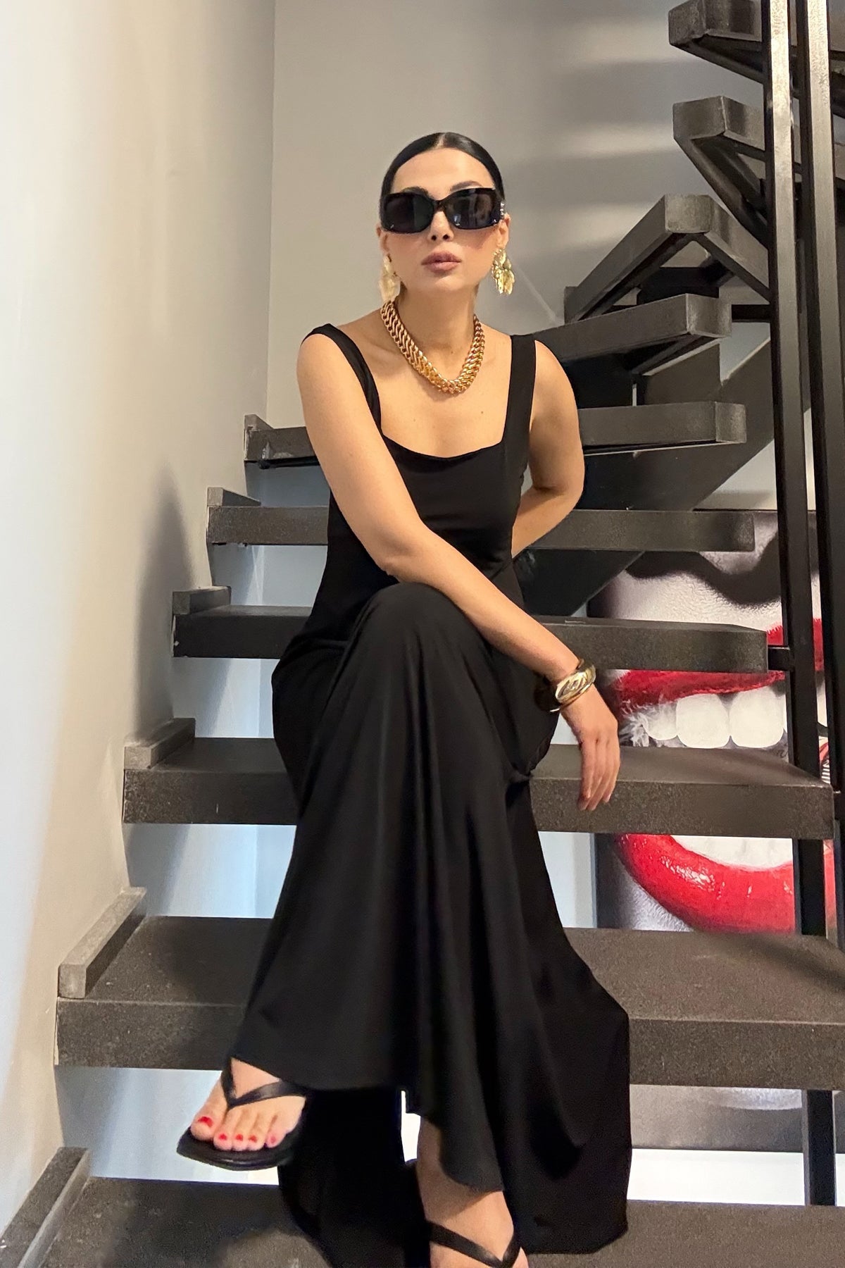 Siyah Kare Yaka Sandy Maxi Elbise SY-3709-Siyah