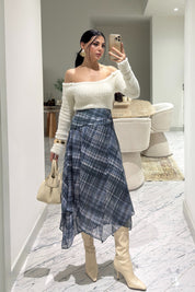 Ekosen Asimetrik Mavili-Yeşil Çizgili Etek SY-3599-Mavi