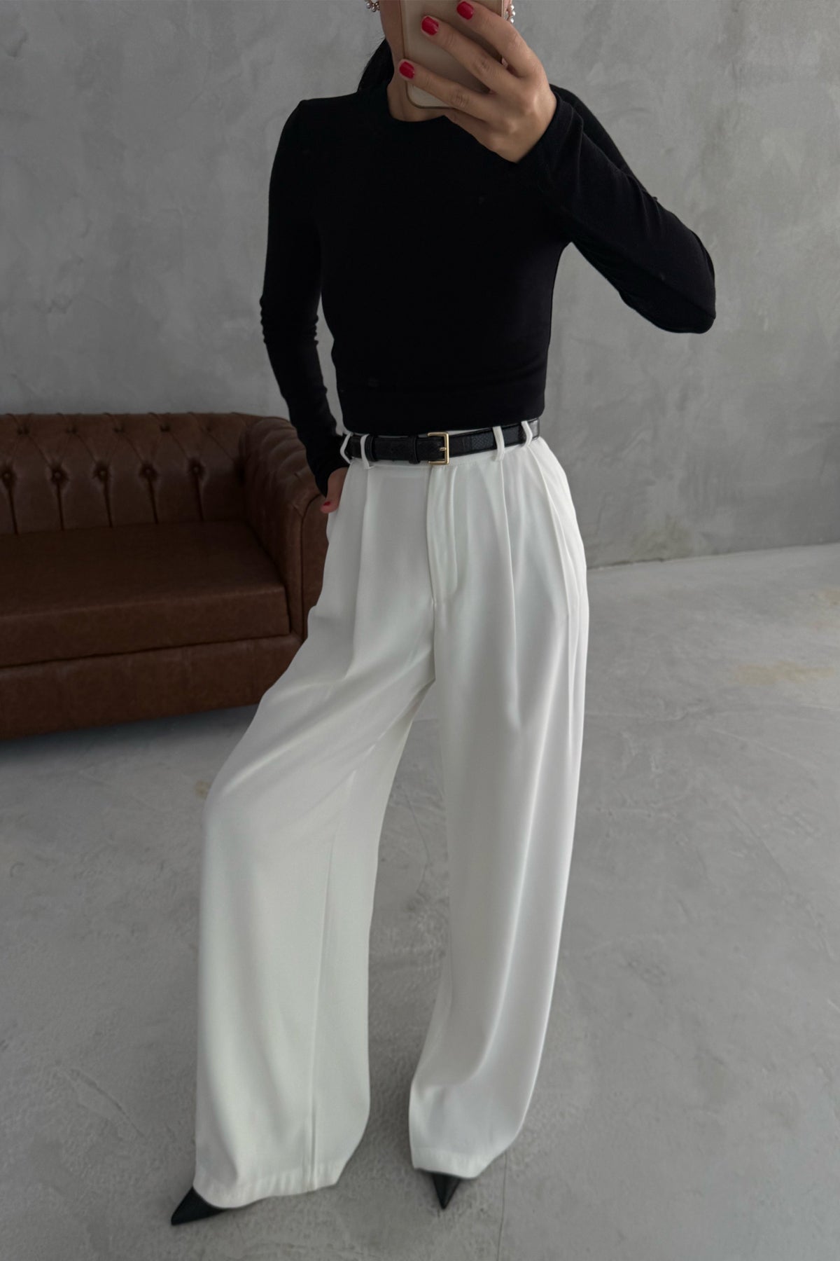 Beyaz Pens Detaylı Palazzo Pantolon SY-3452-Beyaz