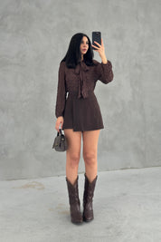 Kahverengi Bağlama Detaylı Dantel Bluz SY-3636-Kahverengi