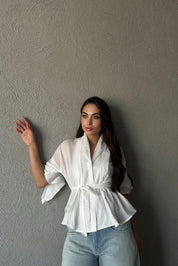 Beyaz Pens Detaylı Vual Kumaş Gömlek (Kemersiz) SY-2850-Beyaz